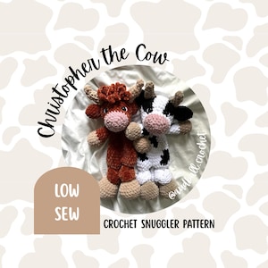 May include: Two crocheted cow plushies, one brown and one black and white, are shown. The brown cow has a pink muzzle and tan hooves. The black and white cow has a pink muzzle and tan hooves. The text "Christopher the Cow" and "Crochet Snuggler Pattern" are visible.