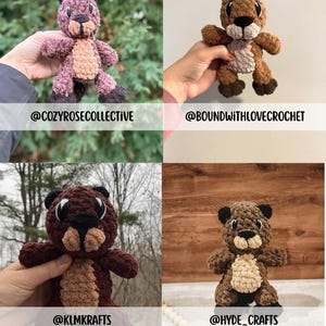 May include: Crocheted bear plush toys in various shades of brown, tan, and black. The bears have small black eyes and are handmade. The image includes the text "@COZYROSECOLLECTIVE", "@BOUNDWITHLOVECROCHET", "@KLMKRAFTS", and "@HYDE_CRAFTS".