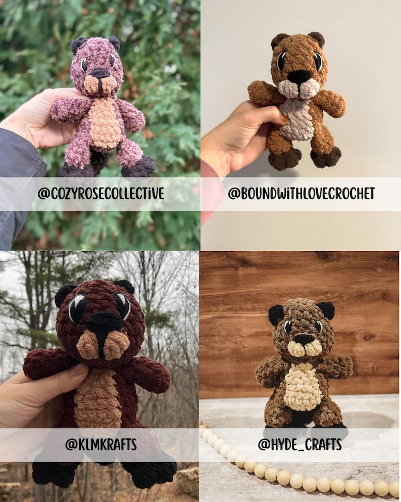 May include: Crocheted bear plush toys in various shades of brown, tan, and black. The bears have small black eyes and are handmade. The image includes the text "@COZYROSECOLLECTIVE", "@BOUNDWITHLOVECROCHET", "@KLMKRAFTS", and "@HYDE_CRAFTS".