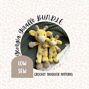 May include: Two yellow crochet giraffe plushies, one large and one small, with brown spots and accents. The image includes the text "Georgia giraffe bundle" and "Crochet Snuggler Patterns".