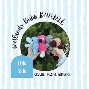 May include: A bundle of four crochet plushie patterns, including a blue seahorse, a pink flamingo, a gray creature, and a brown bear. The image includes the text "Wetlands Bubs Bundle", "Low Sew", and "Crochet Plushie Patterns". The background has blue and white stripes.