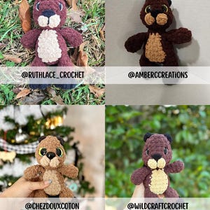 May include: A collection of four crocheted bear plushies in various shades of brown, tan, and black. Each bear has a unique design, with different facial features and body colors. The bears are displayed in different settings, including grass and a neutral background.