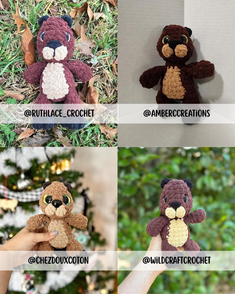 May include: A collection of four crocheted bear plushies in various shades of brown, tan, and black. Each bear has a unique design, with different facial features and body colors. The bears are displayed in different settings, including grass and a neutral background.