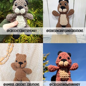 May include: Crocheted beaver plush toys in various shades of brown, tan, and black. Each plush has a white belly and is displayed against different backgrounds. The image includes the text "@CROCHETCRAFTSBYEMILY", "@ERIKSENCRAFTSANDCREATIONS", "@AMBER_CROCHET_CREATIONS", and "@CROCHETINGWITHMANDY".