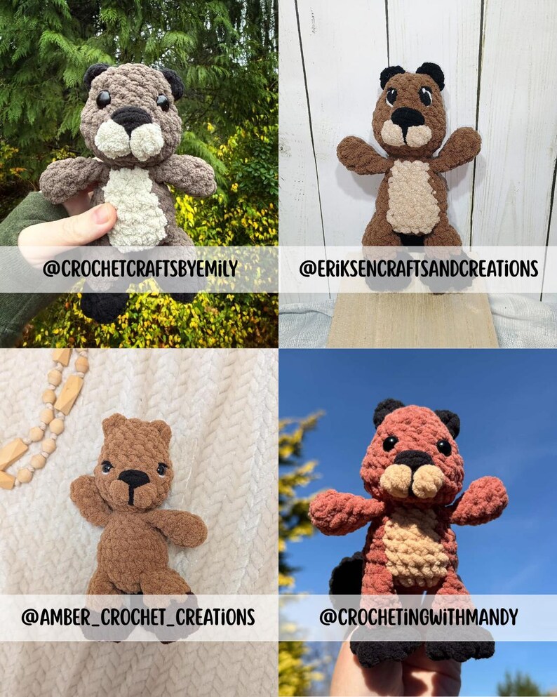 May include: Crocheted beaver plush toys in various shades of brown, tan, and black. Each plush has a white belly and is displayed against different backgrounds. The image includes the text "@CROCHETCRAFTSBYEMILY", "@ERIKSENCRAFTSANDCREATIONS", "@AMBER_CROCHET_CREATIONS", and "@CROCHETINGWITHMANDY".