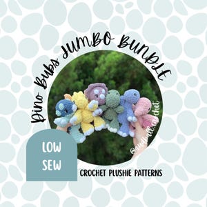 May include: A collection of six small, soft, crocheted dinosaur plushies in blue, yellow, purple, green, and pink. The image features the text "Dino Bubs Jumbo Bundle", "LOW SEW", "CROCHET PLUSHIE PATTERNS", and "@audball_crochet" in black font.
