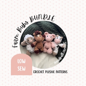 May include: A collection of four crocheted farm animal plushies: a sheep, horse, pig, and cow. The image features the text "Farm Bubs Bundle" and "Low Sew" on a pink background. The words "Crochet Plushie Patterns" are also visible.