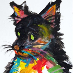 Cat Art Original Acrylic Painting 9 x 12 inches Expressionistic Modern Contemporary Art Bold Black Red Blue Yellow