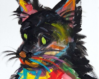 Original Cat Art Acrylic Painting, Expressionistic Modern Artwork, 9x12