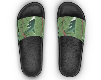 Women's Slide Sandals tropical banana leaves green