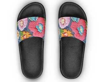 Damen Slide Sandalen in Blumen- Denim- Optik