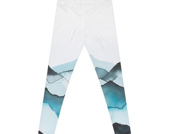 High Waisted Leggings, Watercolor Mountain Print, Athletic Comfort