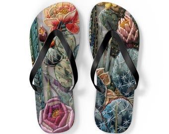 Cactus Floral Flip Flops – Fun Summer Sandals, Beachwear, Tropical Print, Lightweight Casual Footwear