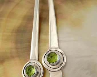 Peridot Earrings - Long Sterling Silver Peridot Dangles - Modern Dangle Earrings - Art Deco Style - Metalsmith Jewelry - Contemporary Design