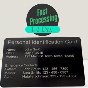 Tarjeta de identificación personalizada para niños, adultos y ancianos: tarjeta de identificación metálica personalizada con información de contacto de emergencia - Duradera