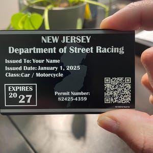 New Jersey Racing Permit - Metallkarte mit individueller Gravur | Personalisierte Neuheit Rennerlaubnis | Einzigartiges Geschenk für Auto- oder Motorrad-Fans