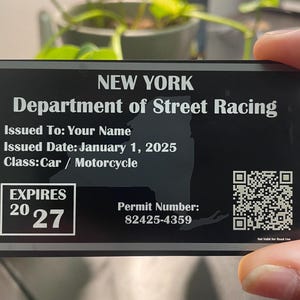 Permissão de Corrida de Nova York - Cartão de Metal Personalizado Gravado | Permissão de Corrida Personalizada e Novidade | Presente Único para Entusiastas de Carros e Motos