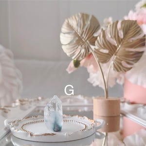 Peut inclure: Un cristal de quartz clair avec des inclusions bleu-vert est posé sur un plateau décoratif blanc et doré. Le plateau est sur une surface miroir. Des feuilles métalliques dorées et des fleurs roses sont en arrière-plan. La lettre "G" est dans l'image.