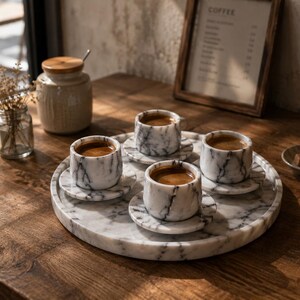 May include: A set of four white marble espresso cups with dark grey veining, each resting on a matching circular marble saucer. The cups and saucers are arranged on a large, round white marble serving tray with consistent grey veining patterns.