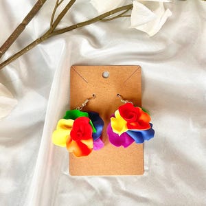 Handmade rainbow flower polymer clay dangle earrings, pride earrings