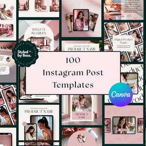 100 Pink Instagram Post Templates, Aesthetic Canva Social Media Templates for Boss Girl Branding,Cool Girl Editable Post Bundle,Social media