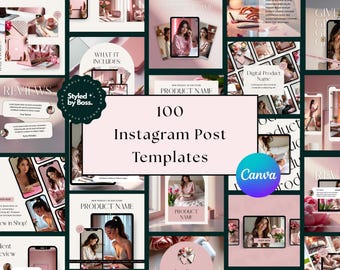 100 Pink Instagram Post Templates, Aesthetic Canva Social Media Templates for Boss Girl Branding,Cool Girl Editable Post Bundle,Social media