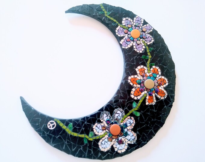 Featured listing image: Crescent Flower Moon Mosaic, Mosaic Wall Art, Flower Moon, Celestial Design, Hippie, Bohemian, Housewarming, Birthday, Christmas - 12 inches