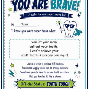 Op de afbeelding: Een wit rechthoekig briefje met een donkerblauwe rand met de tekst YOU ARE BRAVE! A note for one super brave kid. Het bevat een getekende tand met een zonnebril en een cape, en de tekst Official Status: TOOTH TOUGH.