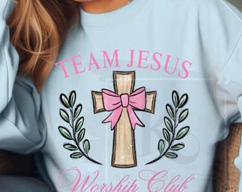 Club de Adoración del Equipo Jesús PNG – Cruz cristiana con lazo, diseño de camiseta de fe (descarga digital)