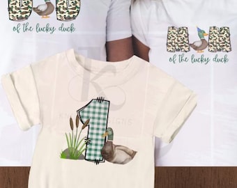 Diseño de camiseta con temática de caza de patos para el primer cumpleaños, para mamá y papá. Formato PNG. Descarga digital.