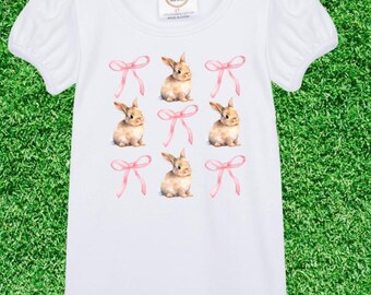Diseño de camiseta de Pascua, infantil, lazos, rosa, conejitos, JPG / PNG / DTF, sublimación / descarga digital