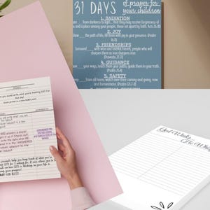 Puede incluir: La imagen muestra artículos de papelería. Se ve un bloc de notas con páginas rayadas y el texto "God Winks... He Whispers...". Una persona sostiene un diario con indicaciones y el texto "Pray and God Bless". Un póster azul enumera temas de oración.