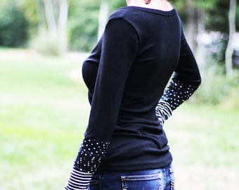 Black Knit Top with Extra Long Patchwork Sleeves