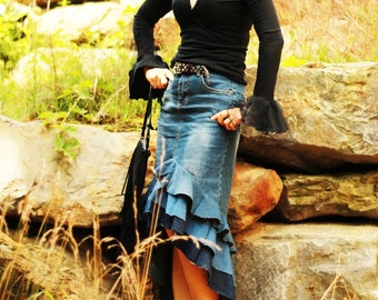 Ruffle Denim Maxi Skirt: Fitted Flare Cotton Blend
