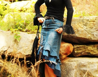 Denim Maxi skirt, Denim ruffles skirt