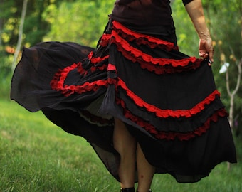 Gonna avvolgente in seta boho, volant rosso vino, qualsiasi taglia