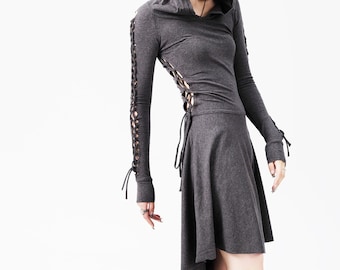 Schnüren Hoodie Kleid: Langarm Baumwoll-Jersey Strick