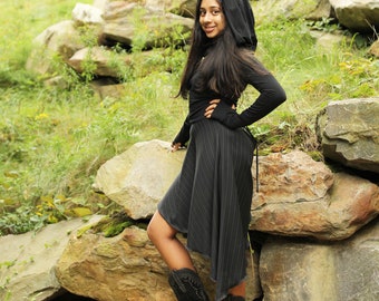 Hoodie High Low Dress: Lace Up Back, Wool Skirt