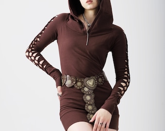 Baumwoll Tunika Hoodie Kleid: Langarm Party Mini Kleid