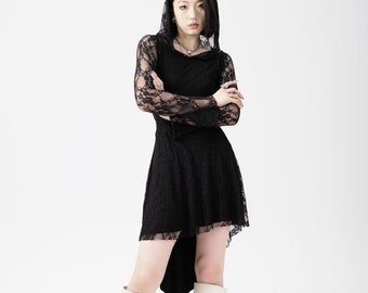Lace Hooded Dress | Long Sleeves Streetwear | Women's Fashionable outfit