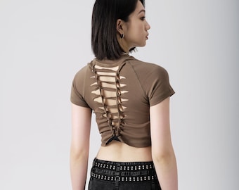 Crop Top aus Baumwolle mit Schlitzgewebe: Fairycore Hippie Kleidung