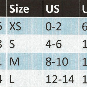 Puede incluir: Tabla de tallas que muestra las medidas de busto, cintura y cadera en pulgadas, y las tallas correspondientes en XS, S, M, L, US, UK, IT y FR.