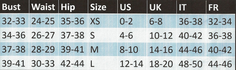 Puede incluir: Tabla de tallas que muestra las medidas de busto, cintura y cadera en pulgadas, y las tallas correspondientes en XS, S, M, L, US, UK, IT y FR.