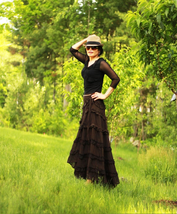 Black Gypsy Boho Skirt - Any Size - Long Flowy Bohemian Wrap Skirt - Hippie Chic Style