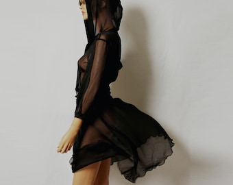 Cocktail Dress /Black dress/ sheer silk hooded dress/ mini dress/day/little-black-dress/vitage/party