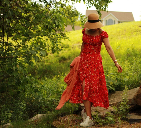Red Silk Summer  Dress , Hippie Dress , Boho Dress