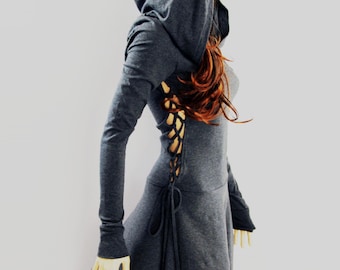 Hoodie Dress: Black Cotton Jersey, High Low Skirt, Lace-Up Sides