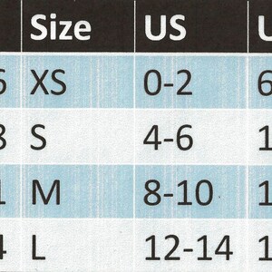May include: Size chart for clothing with measurements in inches for bust, waist, and hip.  The chart also includes corresponding sizes for US, UK, IT, and FR.