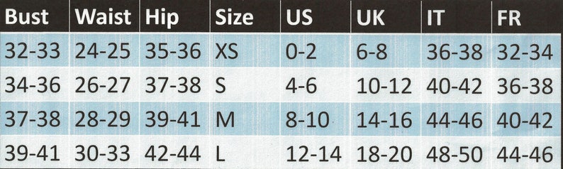 May include: Size chart for clothing with measurements in inches for bust, waist, and hip.  The chart also includes corresponding sizes for US, UK, IT, and FR.