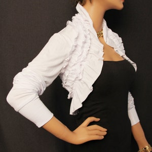 white ruffles Shrug, cotton white shrug, wedding Bolero top, long sleeves shrug, lace ruffles top, gift for women, gift for holidays image 1